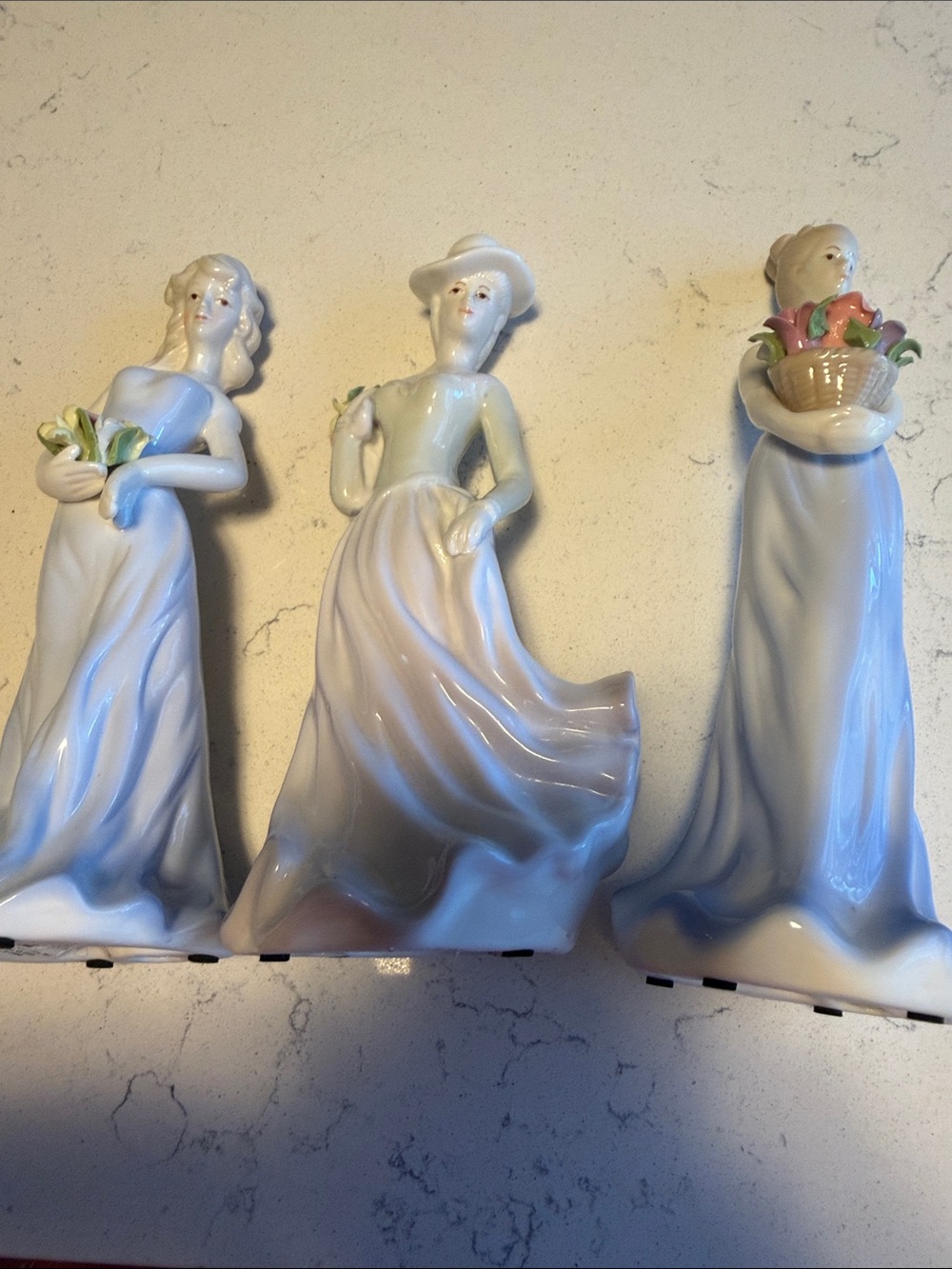 Porcelain Figurine Set of Three in Soft White and Pastel Accents K Collections